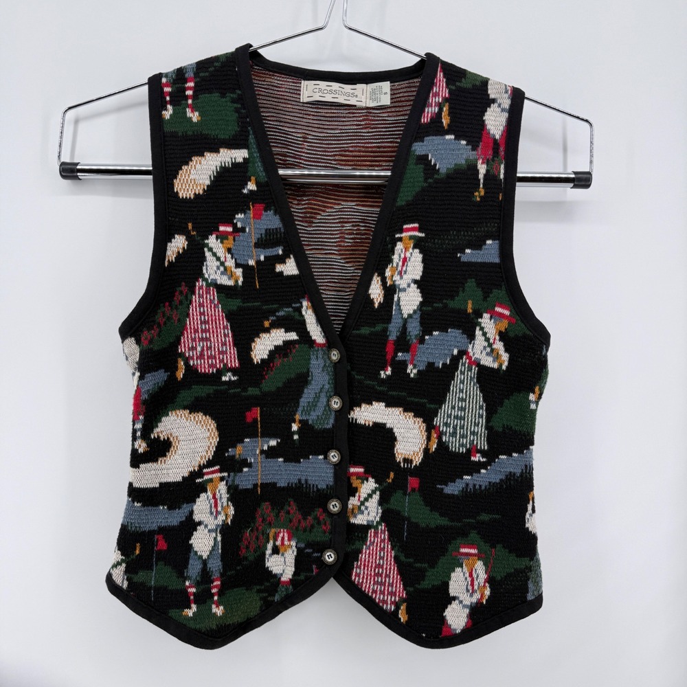 Crossings Knit Vest Womens S Golf Scene Intarsia 100% Cotton Black Multi